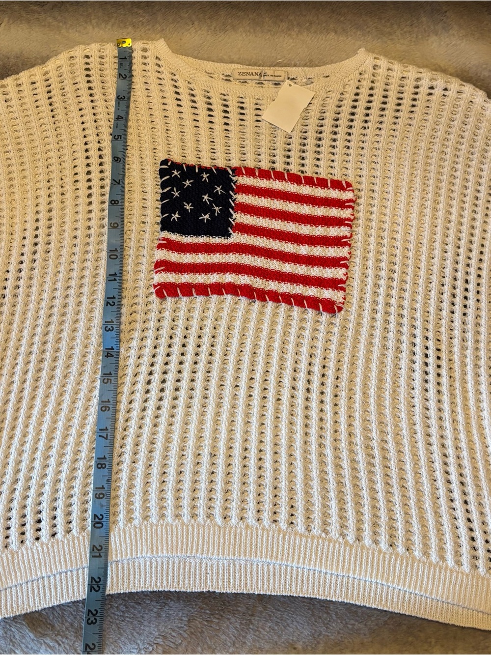 Zenana Boutique American Flag Open Weave Crochet Cap Sleeve Sweater Size M - Picture 9 of 10